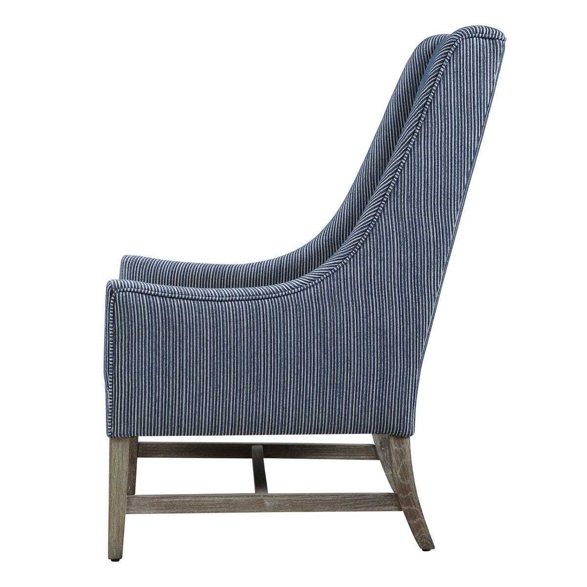 Blue striped armchair with wooden legs on a white background