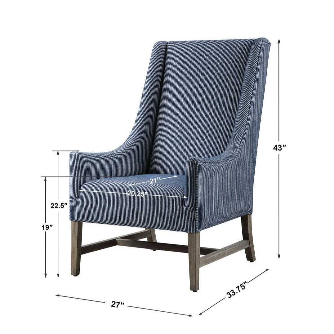 Blue armchair with dimensions labeled on a white background