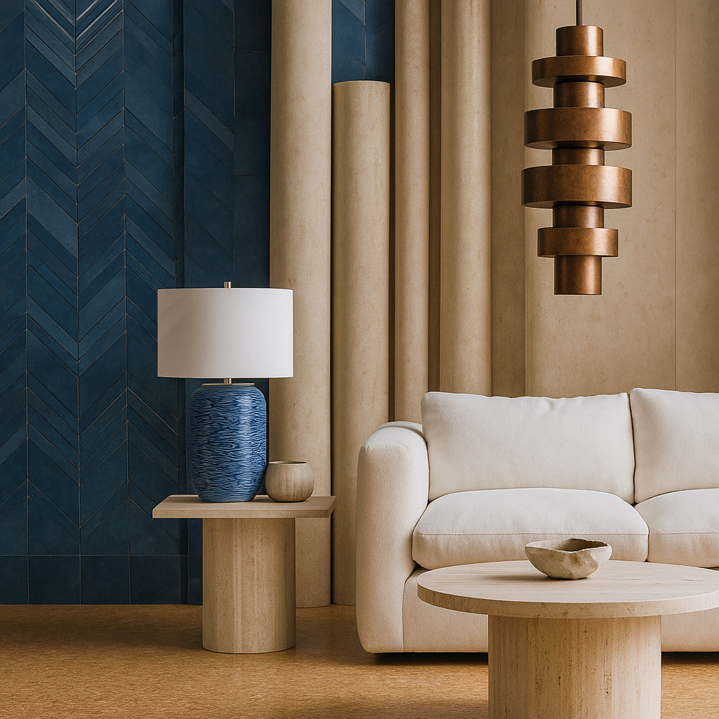 Modern living room with a beige sofa, wooden side table, and decorative lamp against a blue wall.