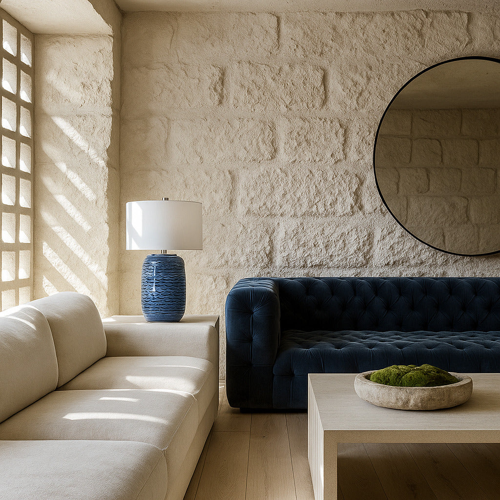 Modern living room with a textured stone wall, blue sofa, white lamp, and decorative bowl.
