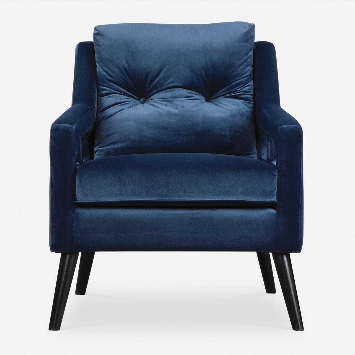 Blue armchair with black legs on a white background