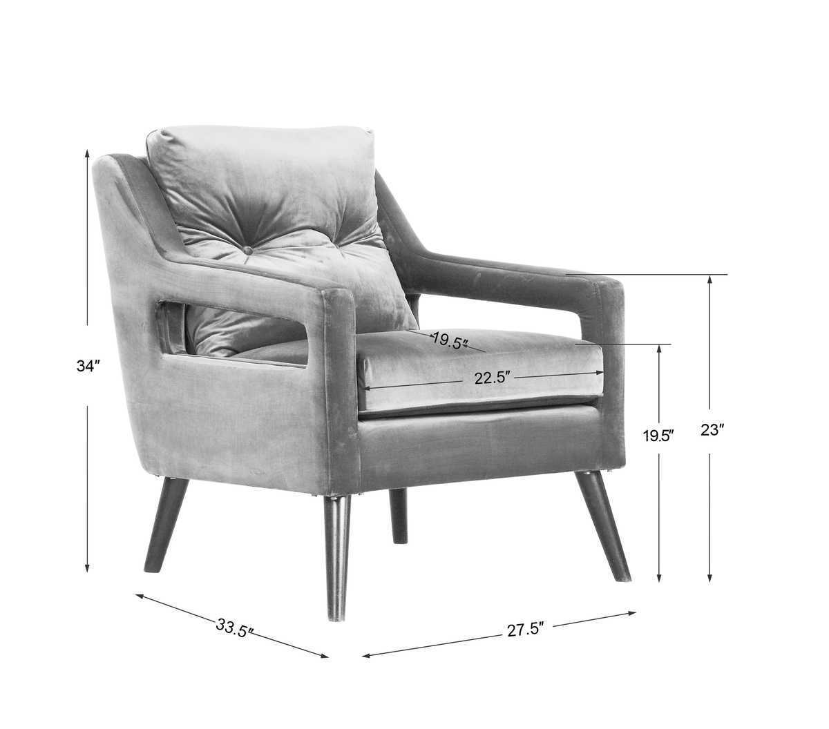 Gray armchair with dimensions labeled on a white background