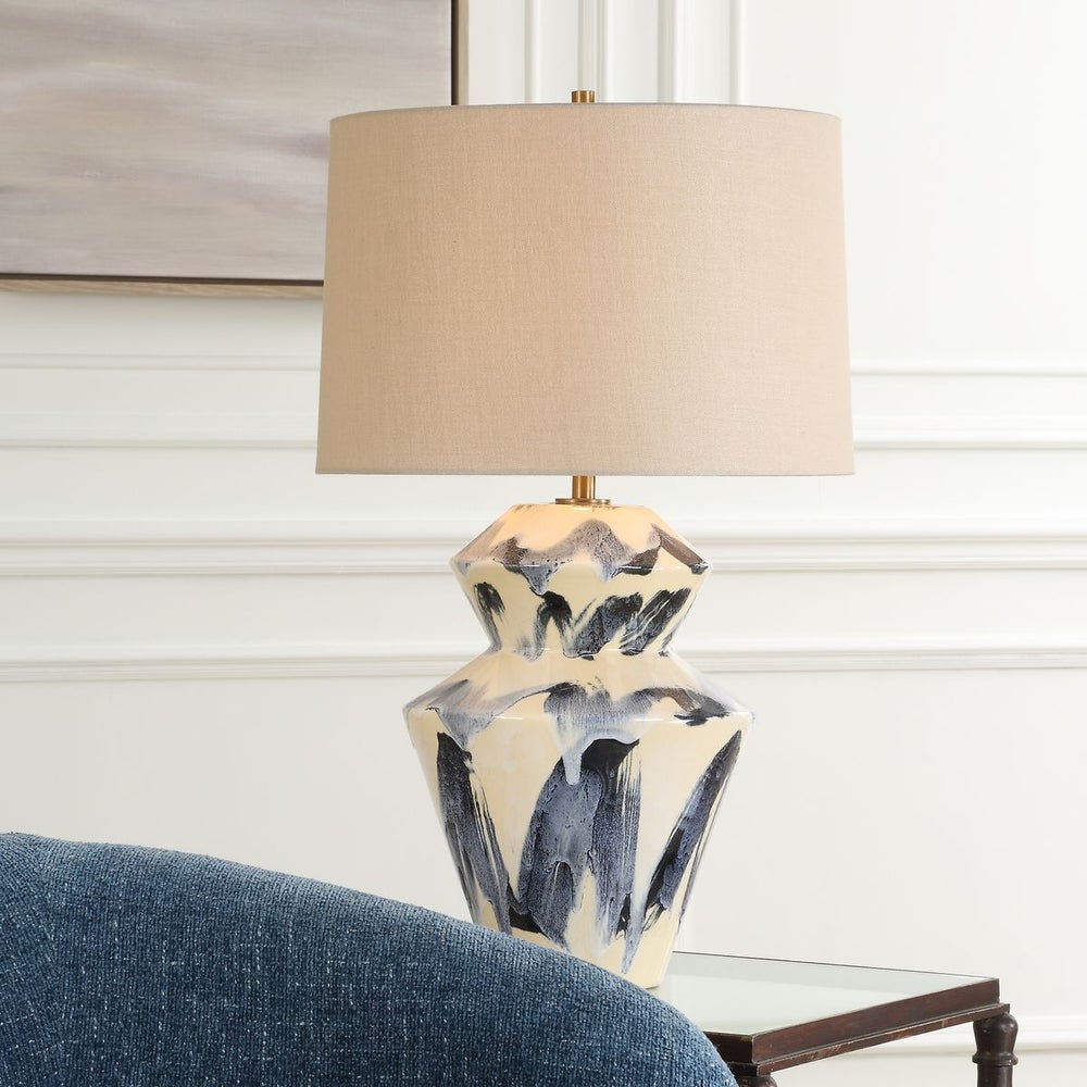 Blue and white ceramic lamp.