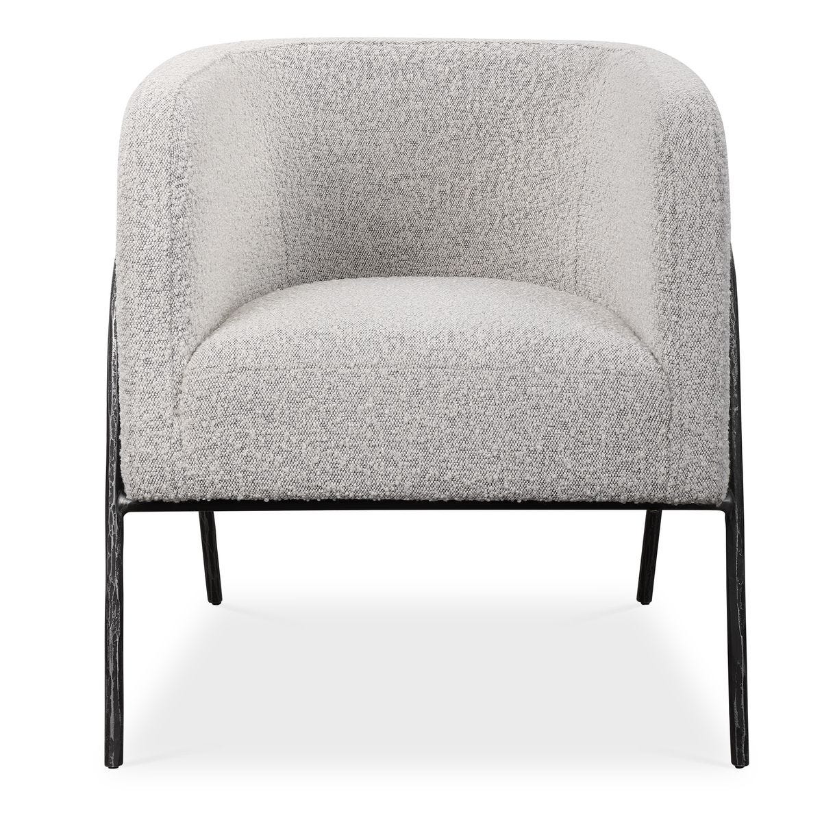 Gray textured armchair with black legs on a white background