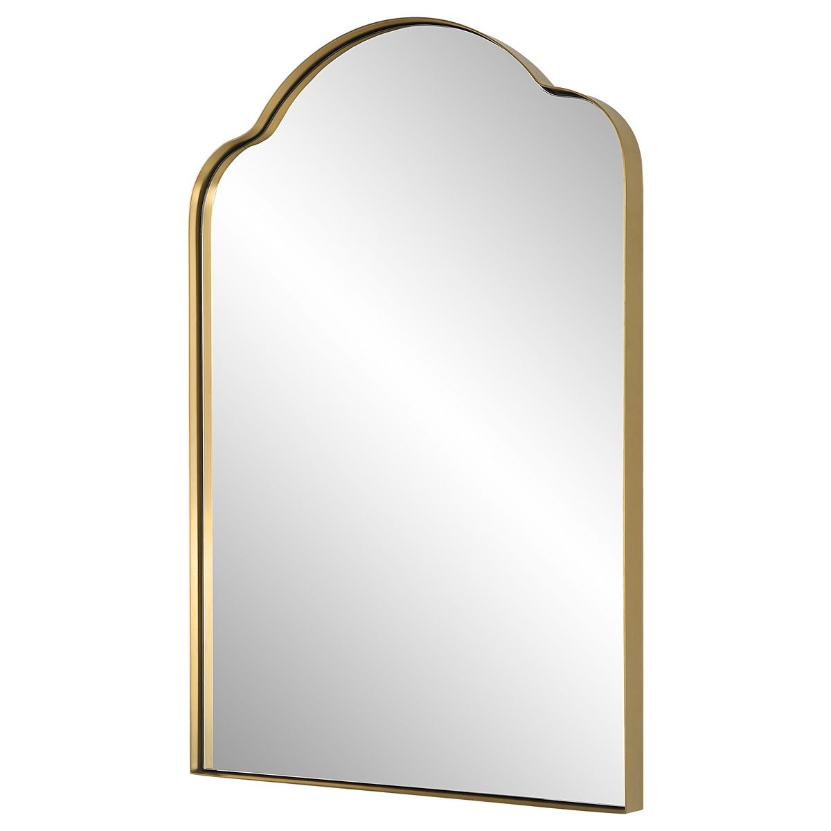 Brass arched gold mirror angled.