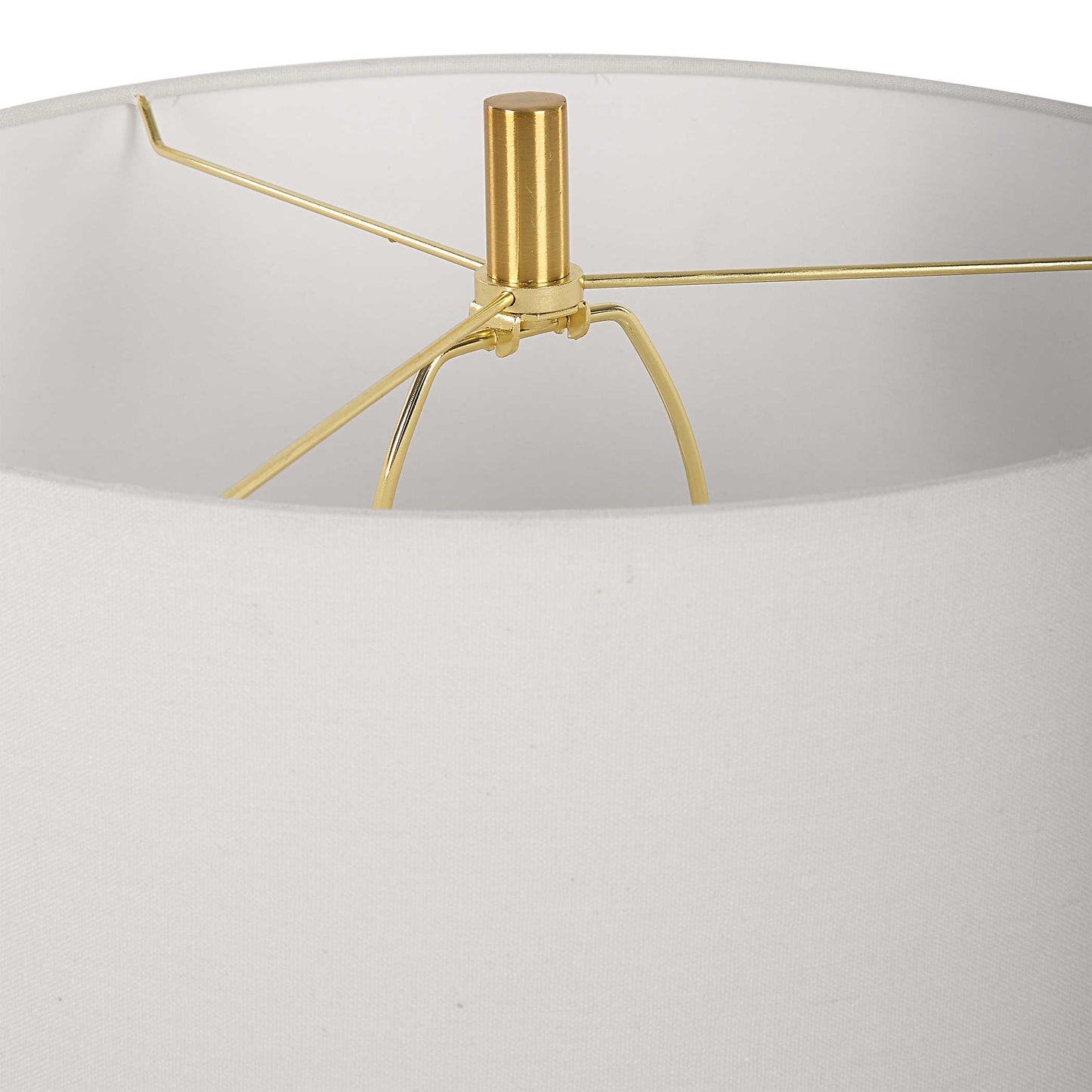 Brass and white lamp shade.