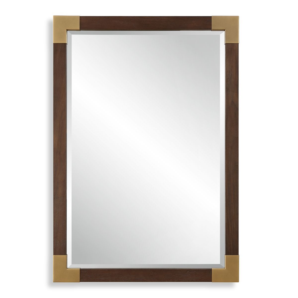 Rectangular mirror with a wooden frame on a white background
