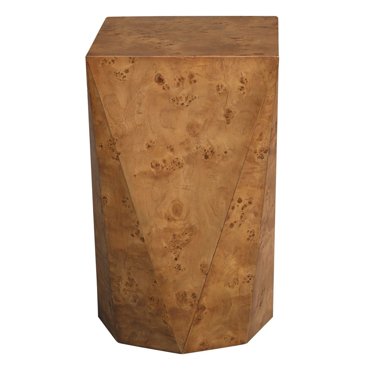 Wooden side table with a natural, textured finish on a white background