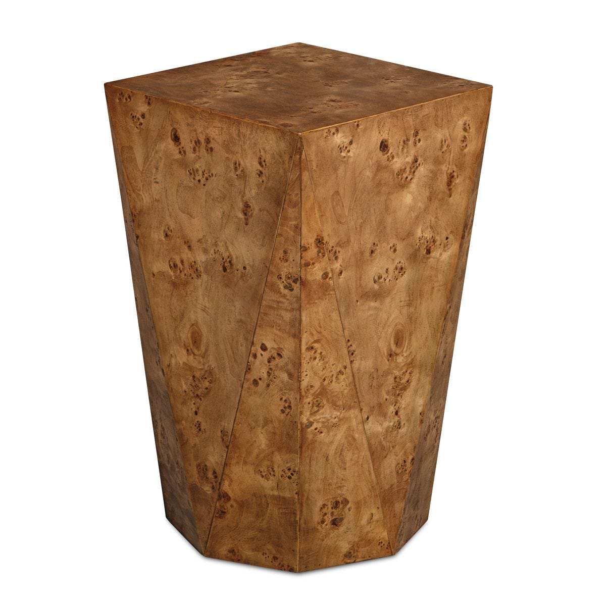 Wooden side table with a natural, textured finish on a white background