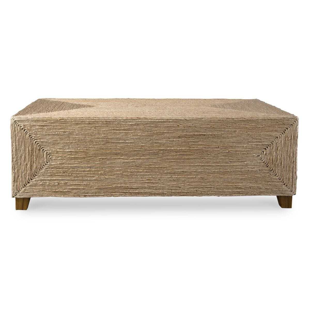 Rectangular coffee table with woven pattern on a white background