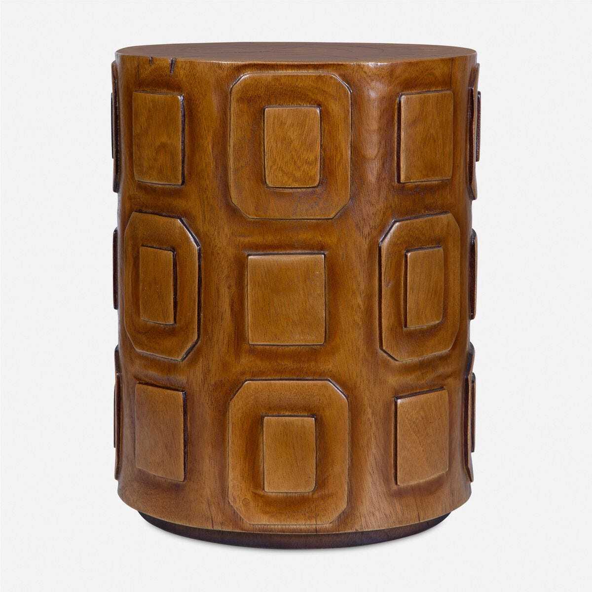 Wooden side table with geometric patterns on a white background
