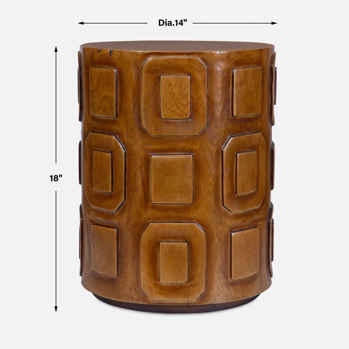 Brown textured cylindrical stool with dimensions on a white background