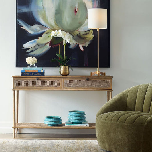 Angled coastal console table.