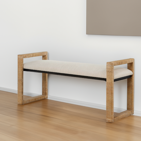 Upholstered Bench with Rattan Arms.