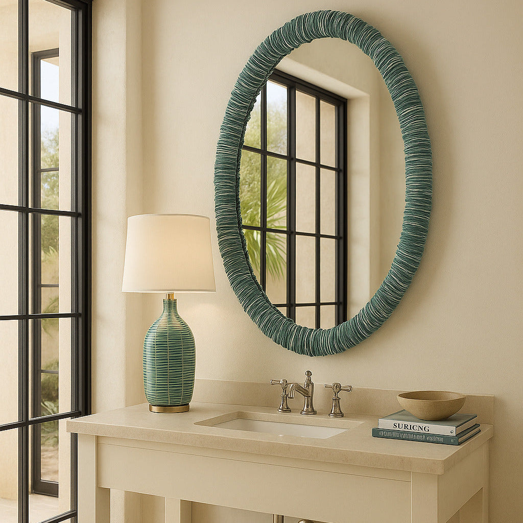 Bathroom vanity with round mirror, lamp, and books against a neutral wall.