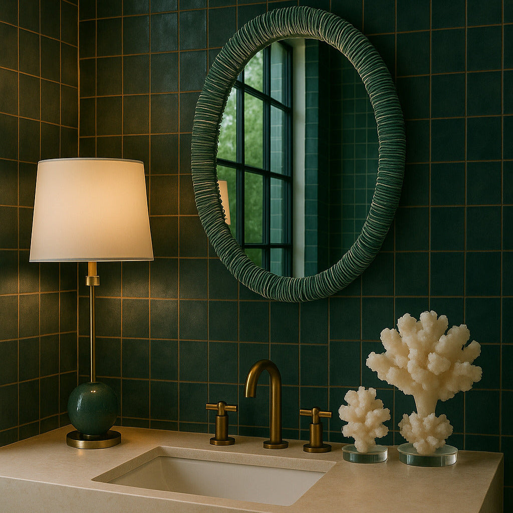 Bathroom with green tiled walls, a round mirror, and decorative coral sculptures.