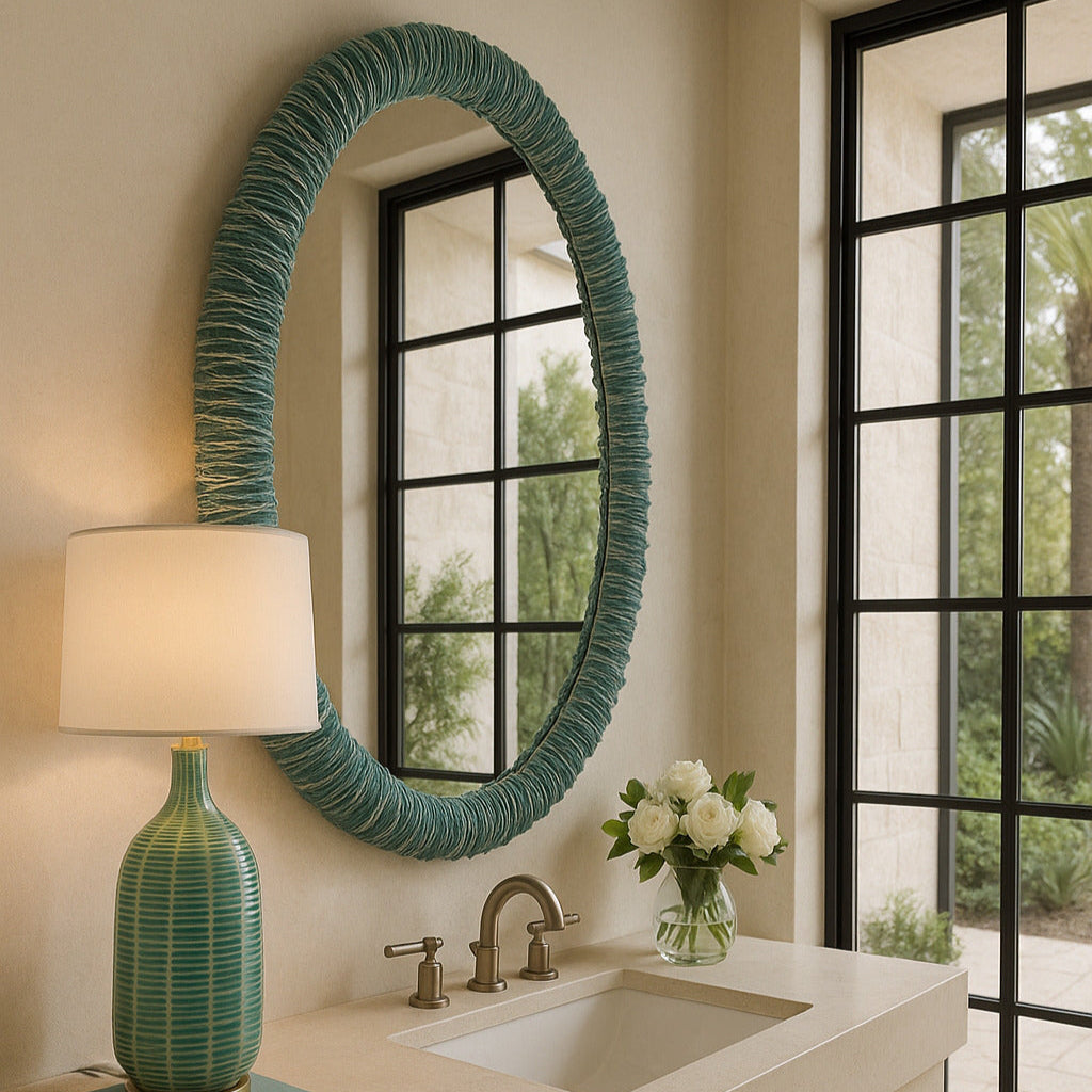 Bathroom with round teal mirror, sink, and decorative items.