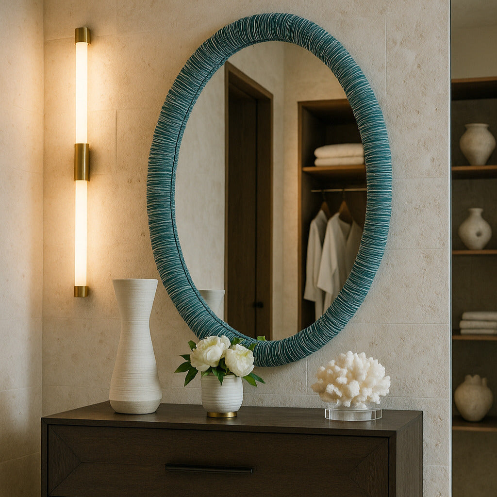 Round mirror with teal frame on a wooden dresser against a neutral wall.