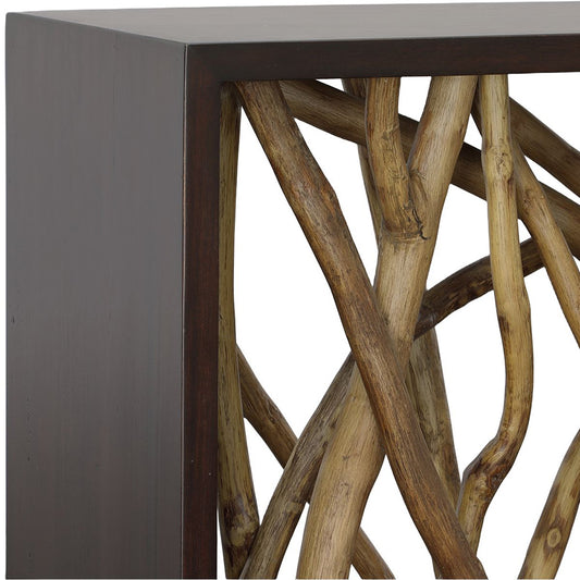 Driftwood Console Teak Table with Mirror and Lamp and Coral.