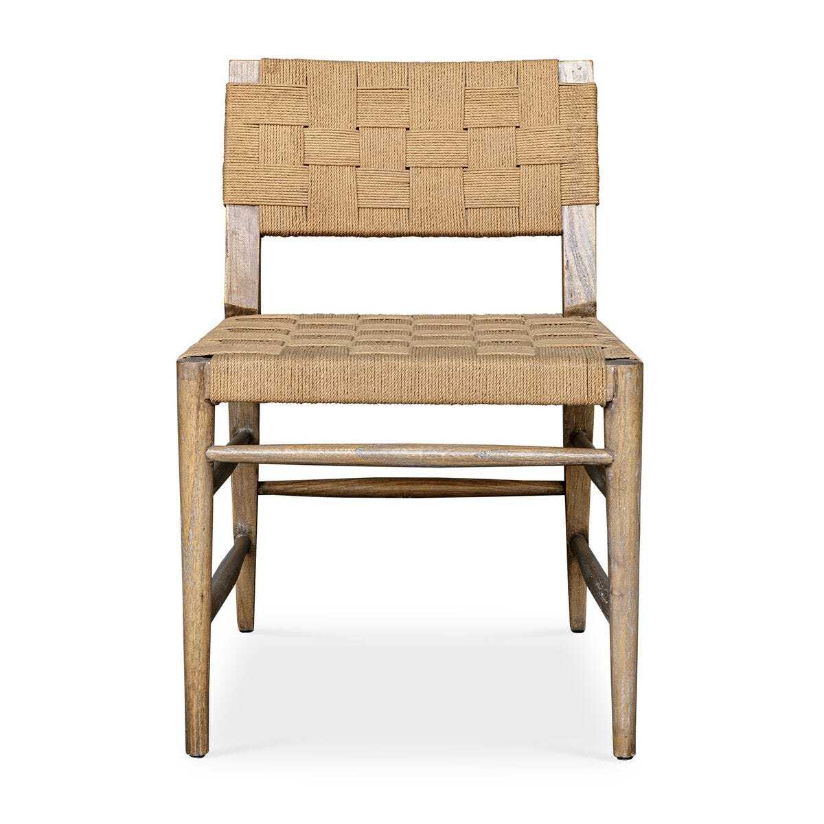 Woven chair with wooden frame on a white background
