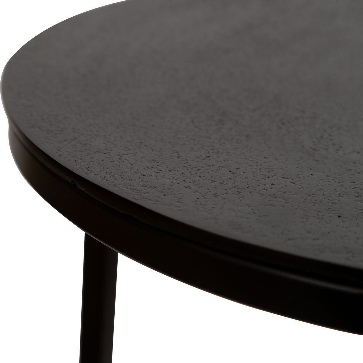 Close-up of a black round table with a textured surface on a white background
