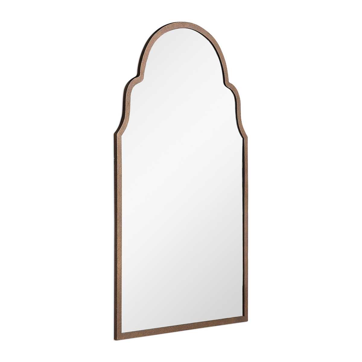 Arched mirror with a brown frame on a white background