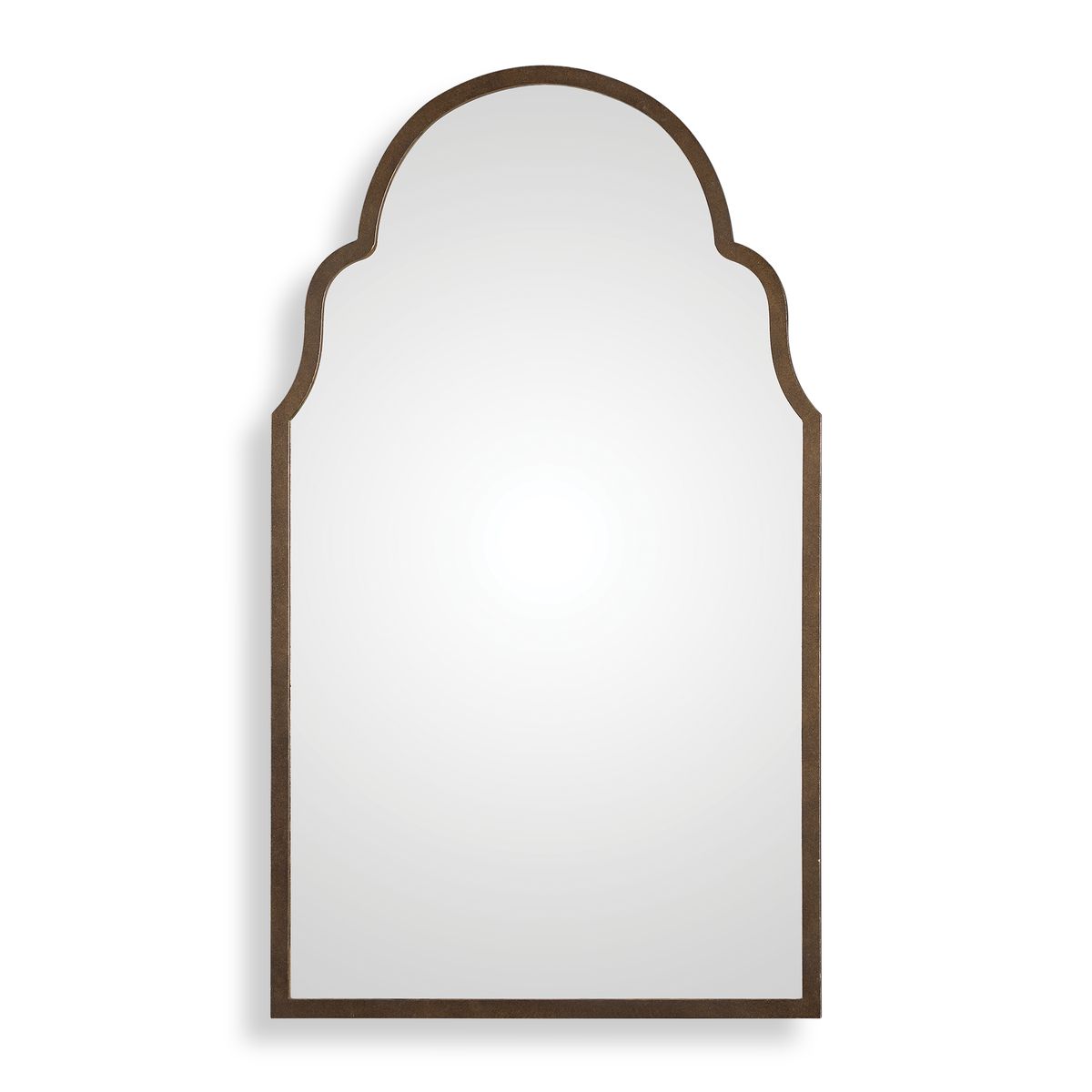 Arched mirror with a brown frame on a white background
