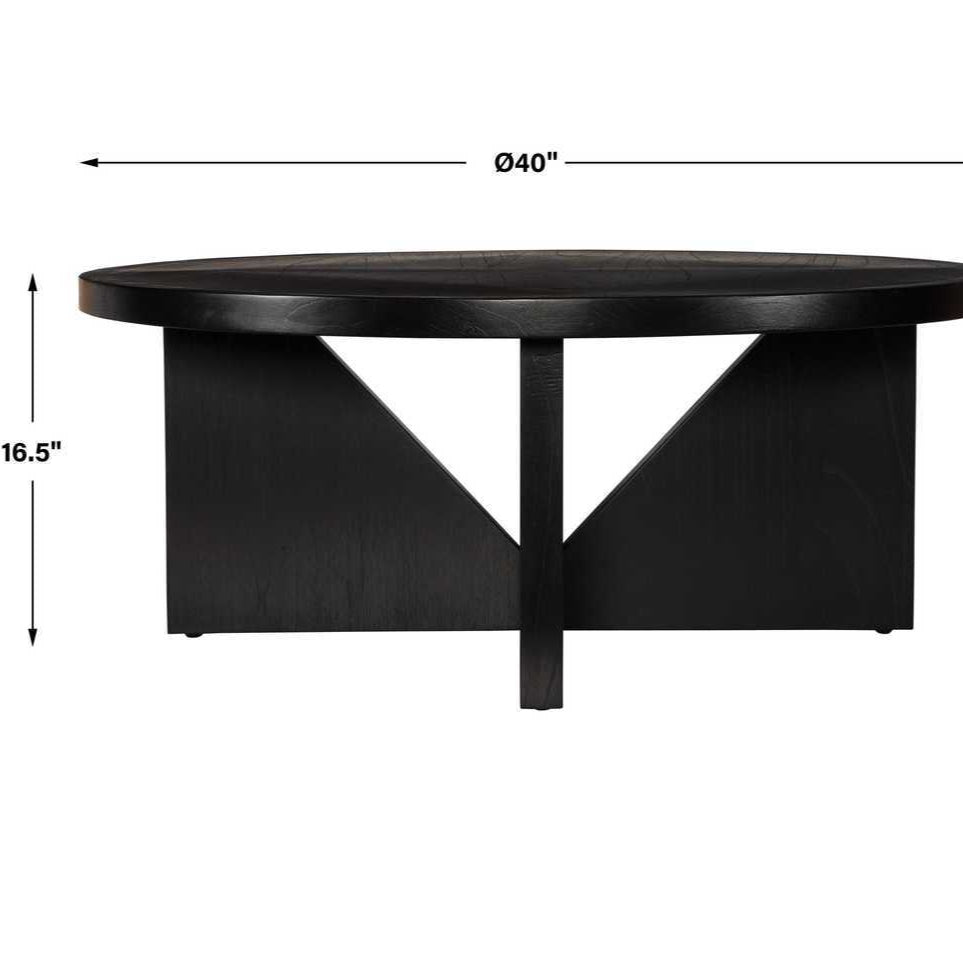 Black round table with dimensions on a white background