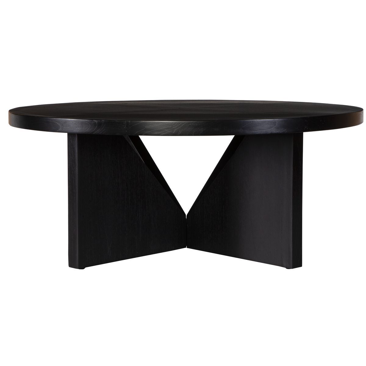 Black round dining table with unique base design on a white background