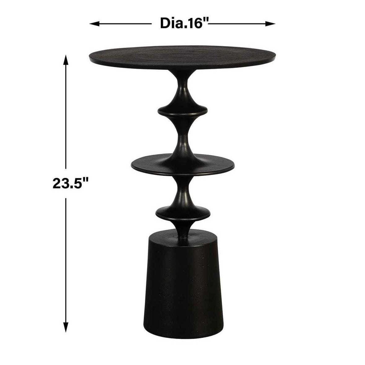 Specifications of round black metal accent table.