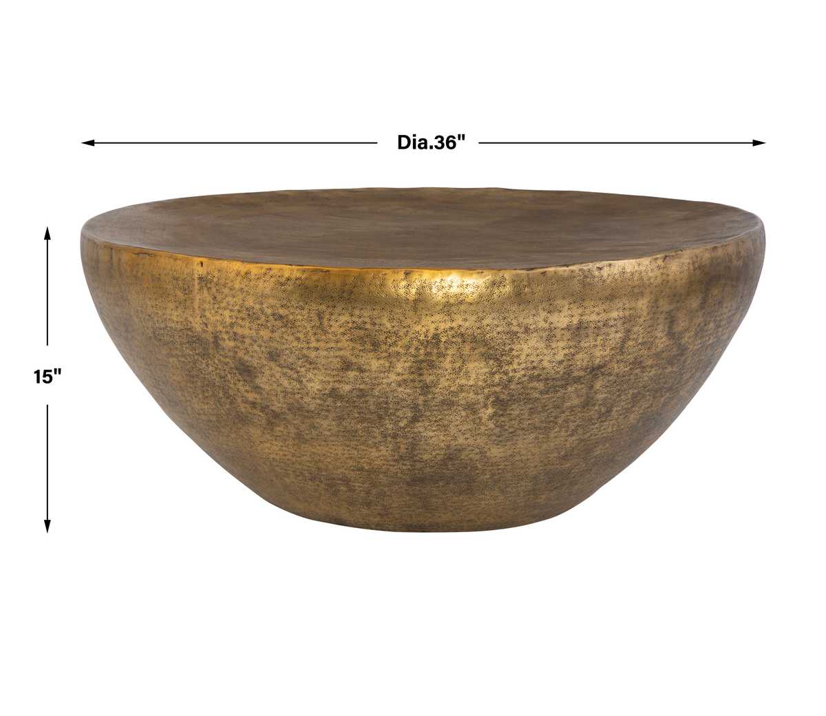 36" inch width coffee table and 15" inches tall in antique gold.
