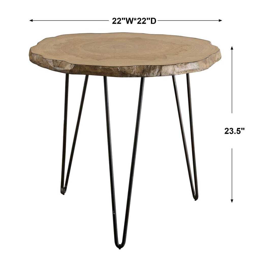 Small round wooden table with dimensions on a white background