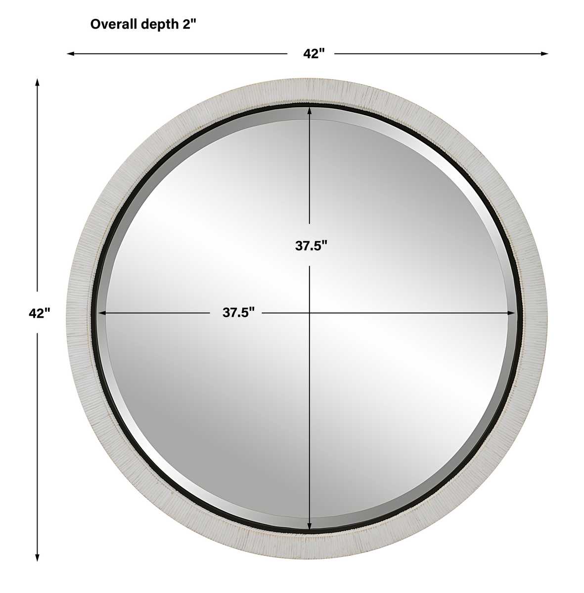 Dimensions for a round rattan mirror in white.