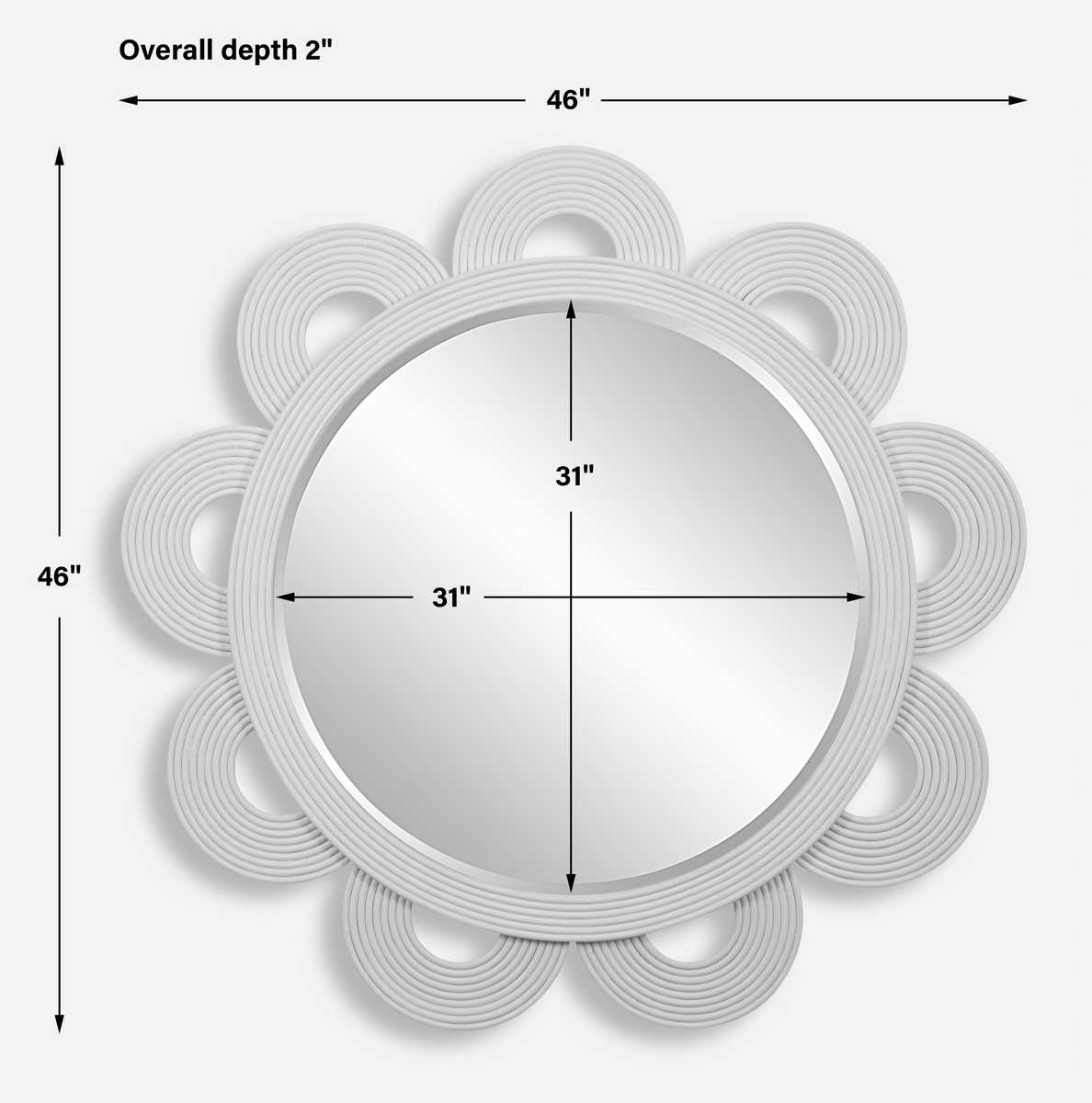 Dimensions of white round rattan mirror.