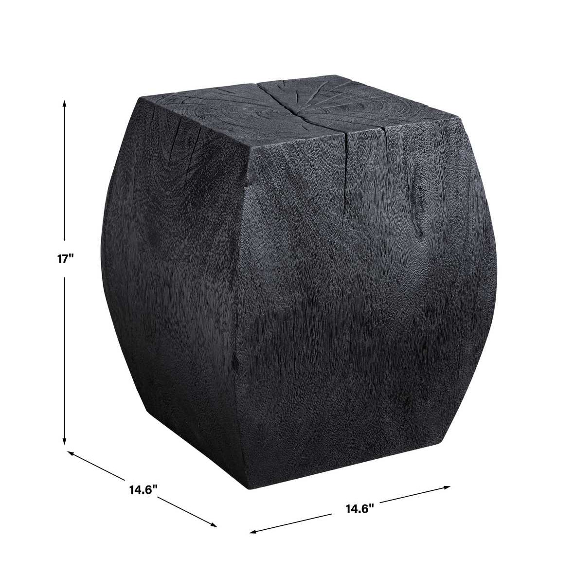 Black geometric stool with dimensions on a white background