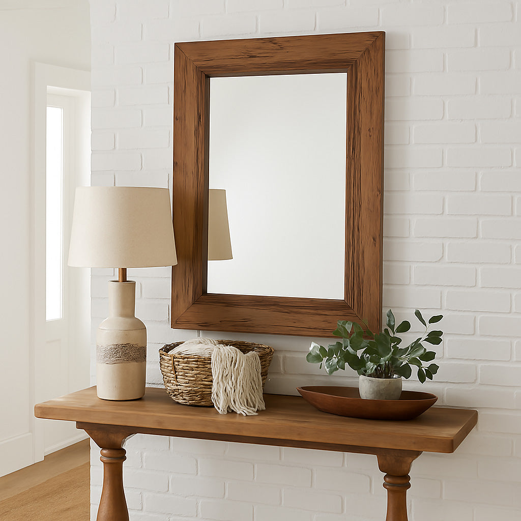 Farmhouse mirror on entryway wall.