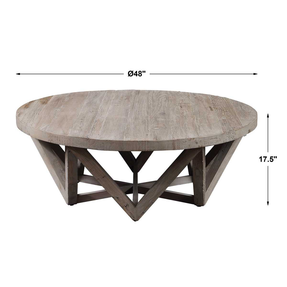 Round wooden coffee table with dimensions on a white background