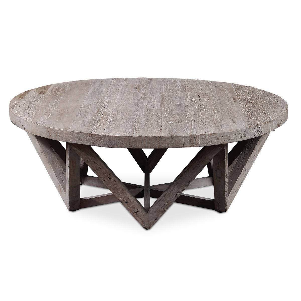 Round wooden coffee table with a rustic design on a white background