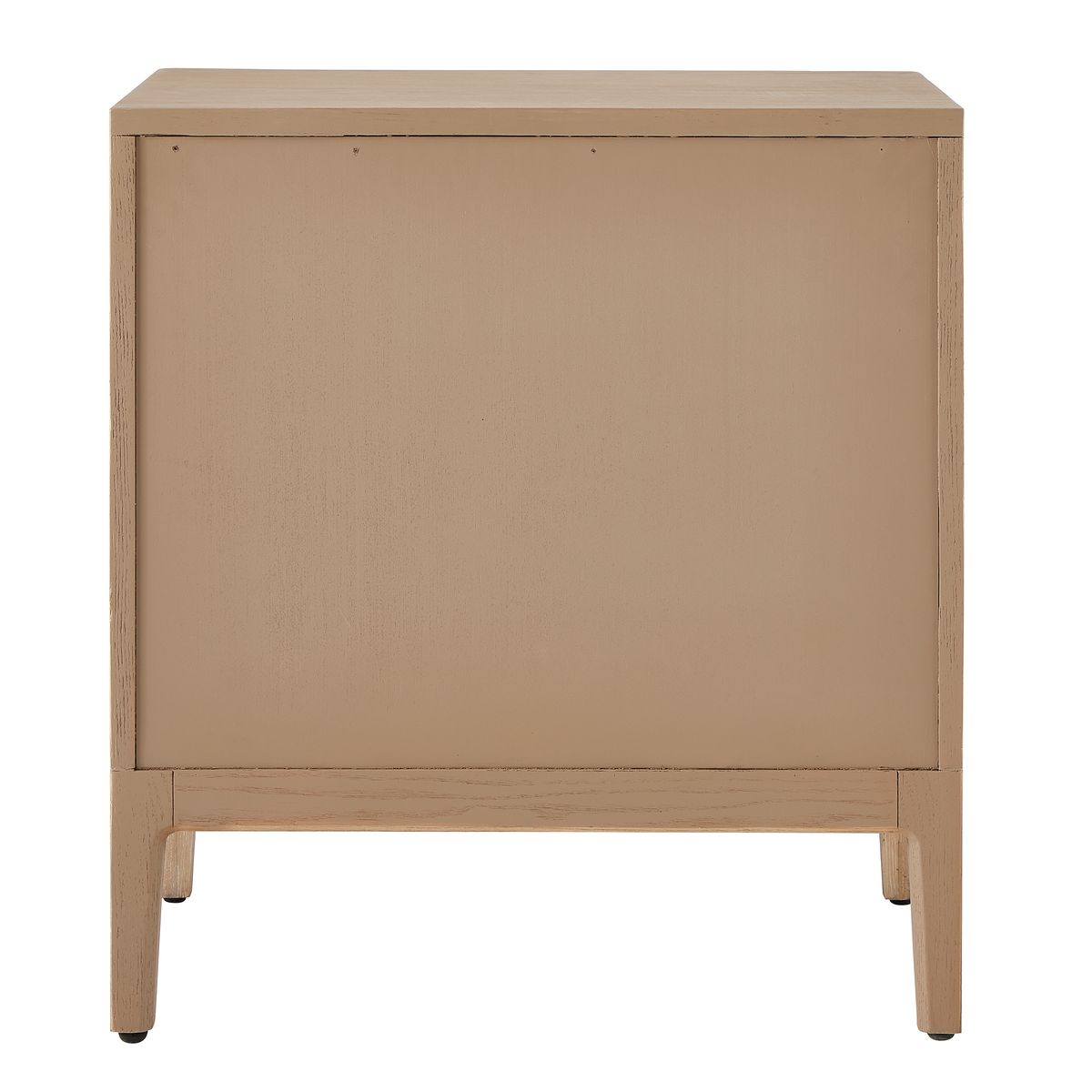 Beige side table with a single door on a white background