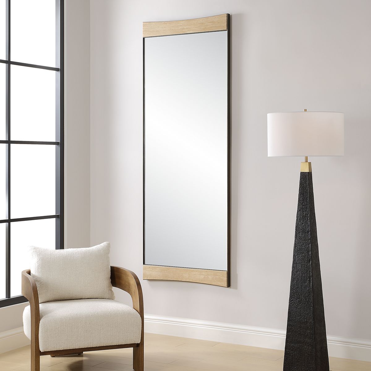 Travertine full length mirror angled.