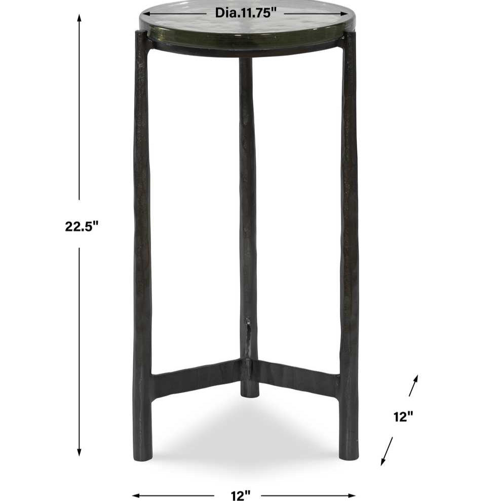 Black metal side table with dimensions labeled on a white background
