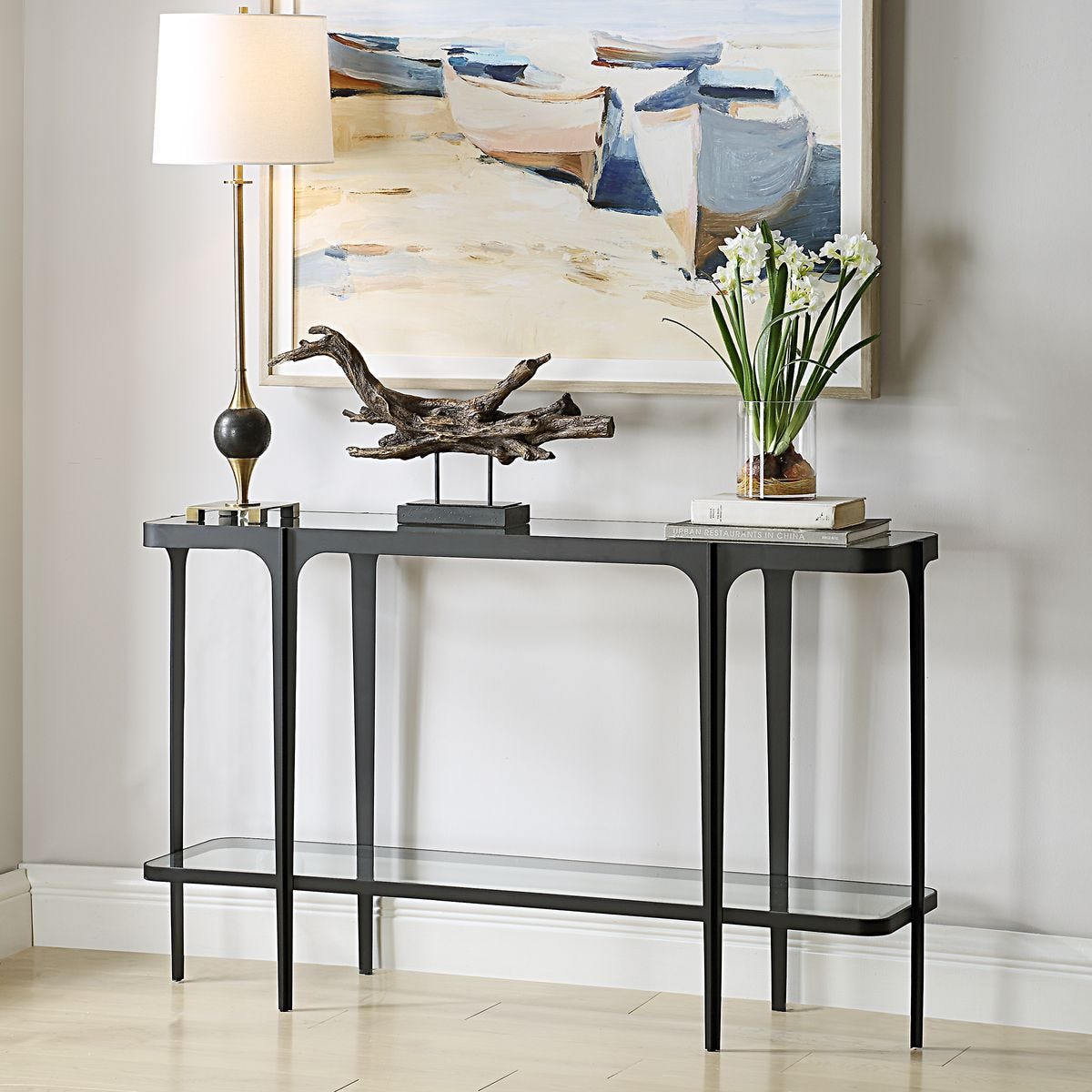 Glass top console table.