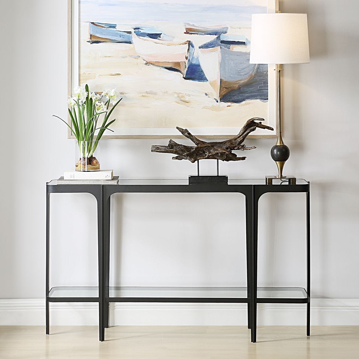 Glass top console table.