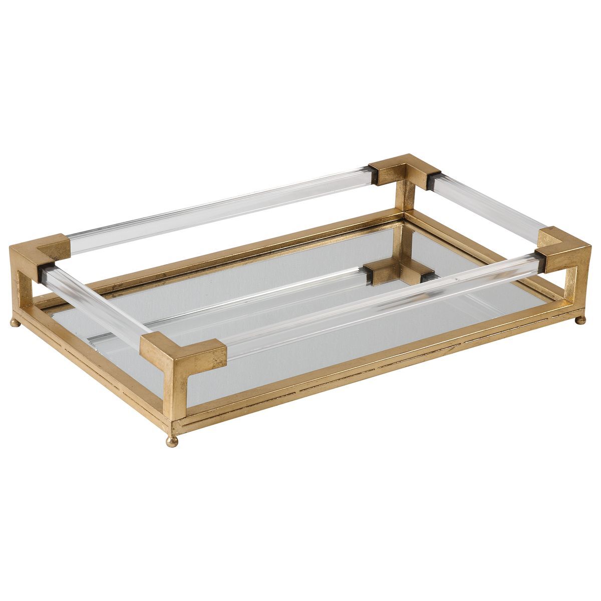 Rectangular tray with gold frame and clear glass top on a white background