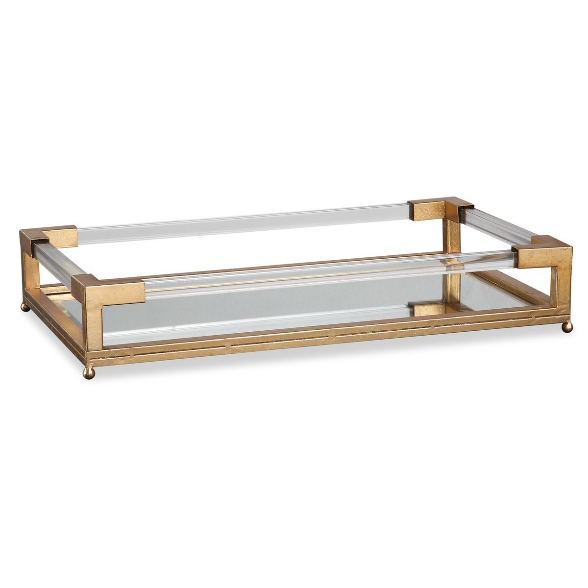 Rectangular glass tray with gold metal frame on a white background