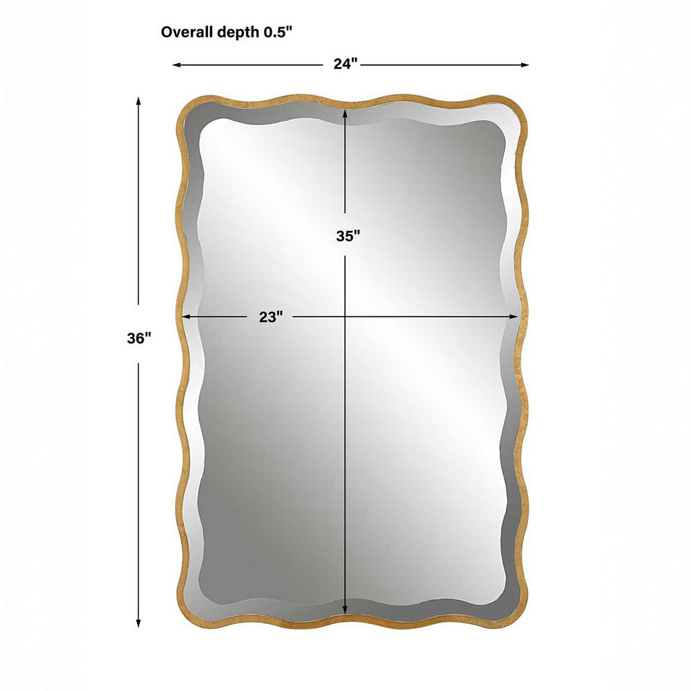 Gold scalloped mirror with dimensions.