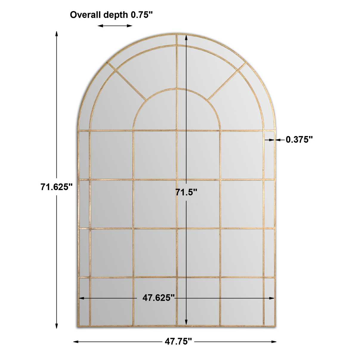 Measurement chart of an arch-shaped window with dimensions labeled