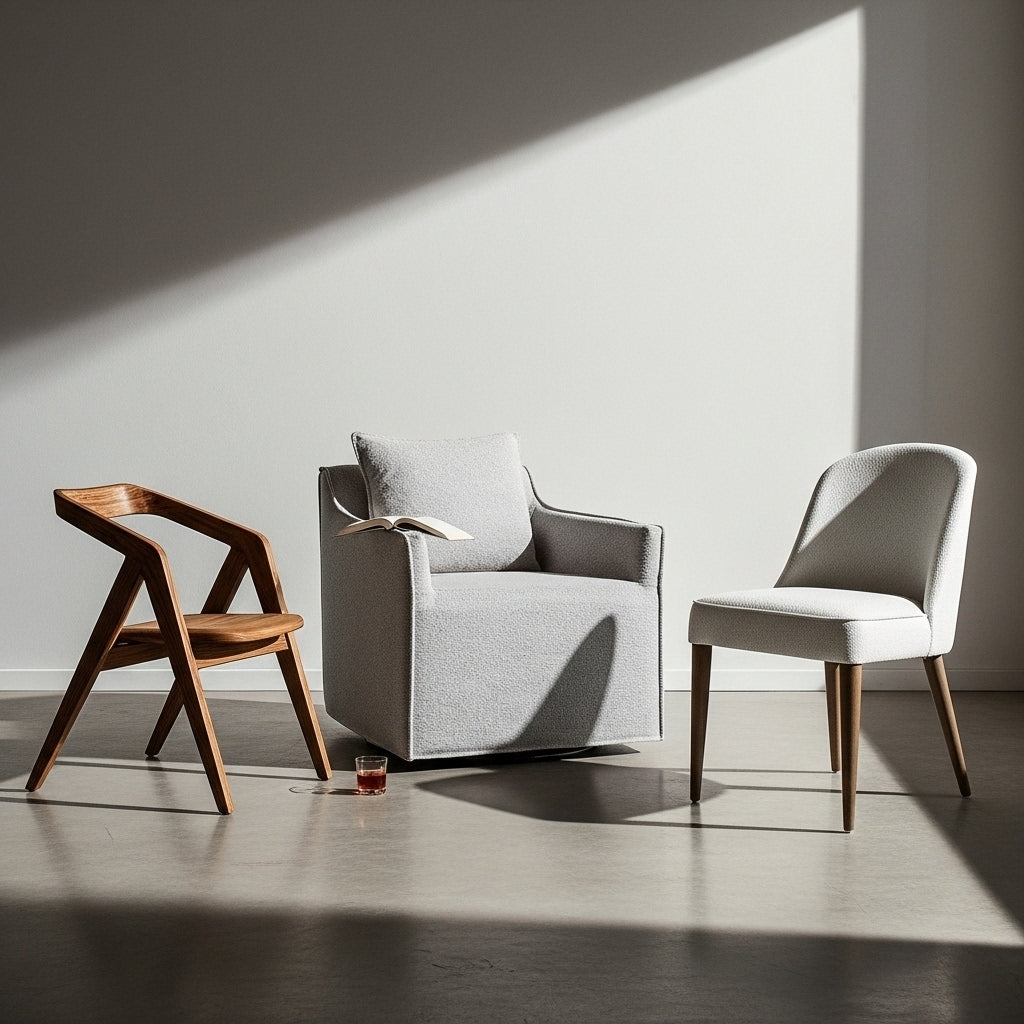 Modern living room with a gray armchair, wooden chair, and white wall.