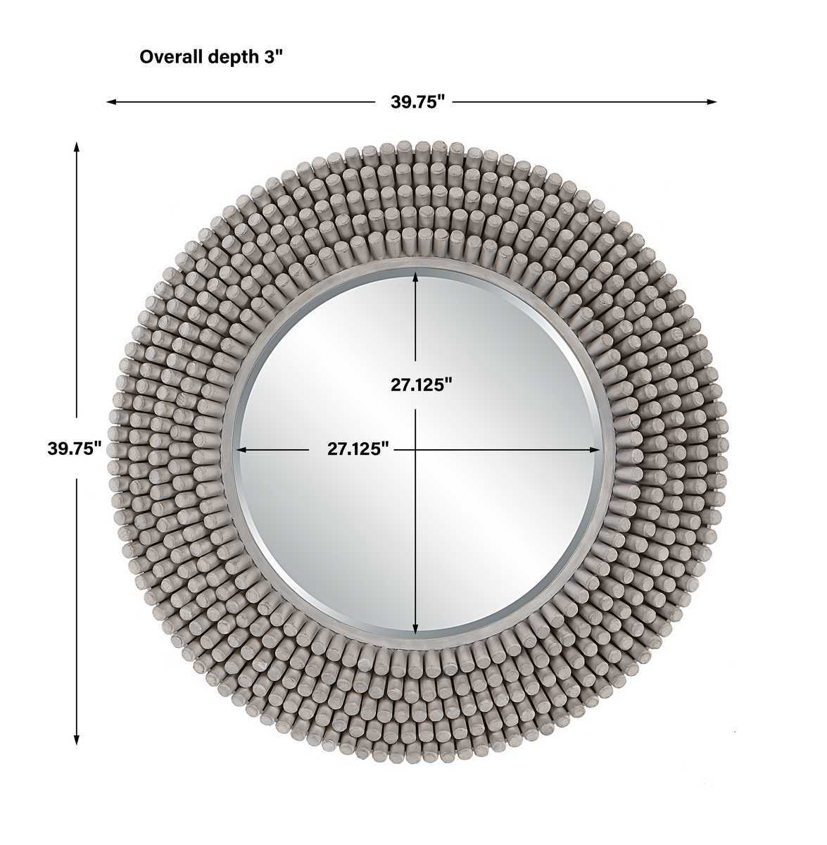 Round mirror with bead-like frame and dimensions on a white background