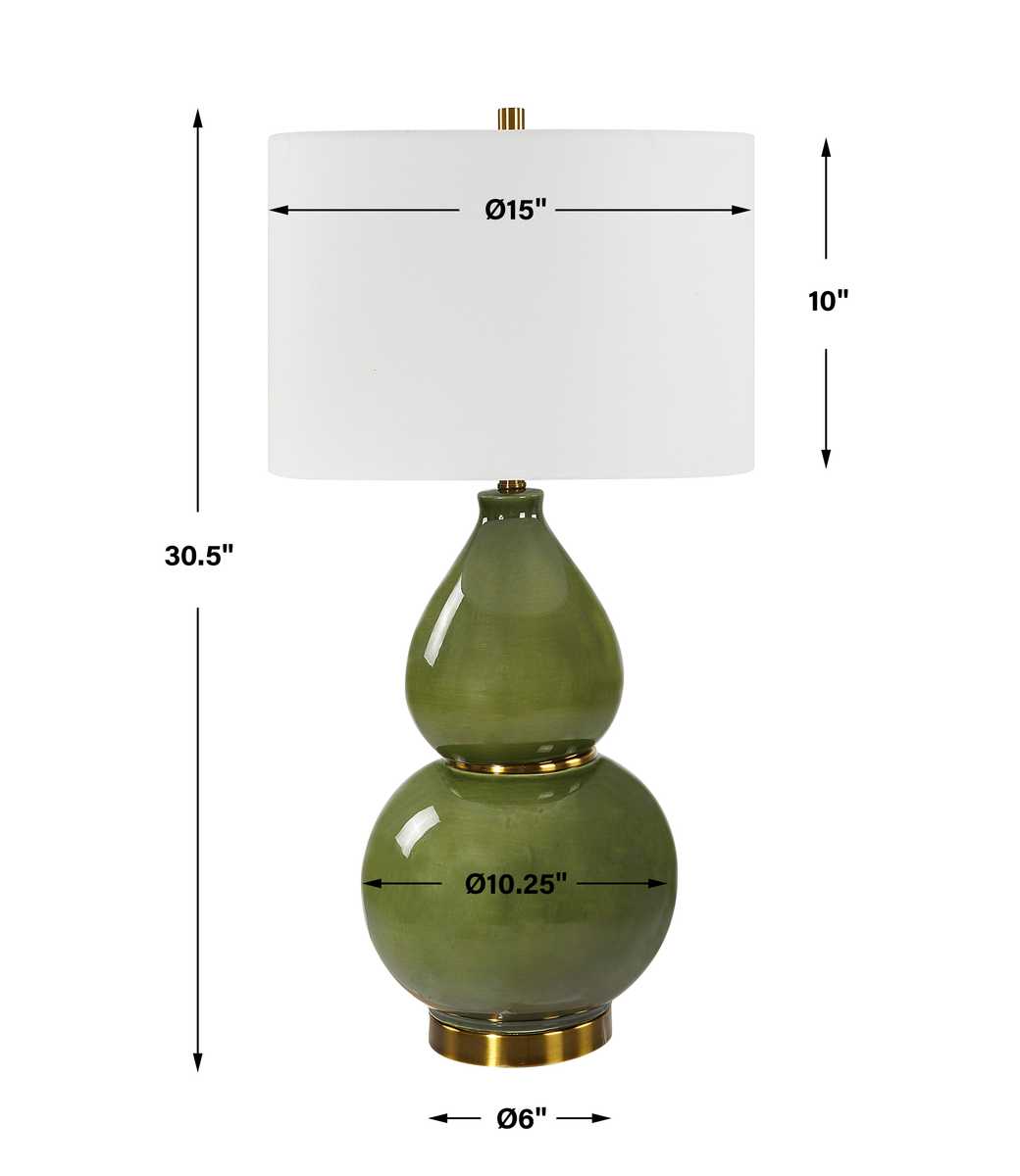 Green lamp with white shade and dimensions labeled on a white background